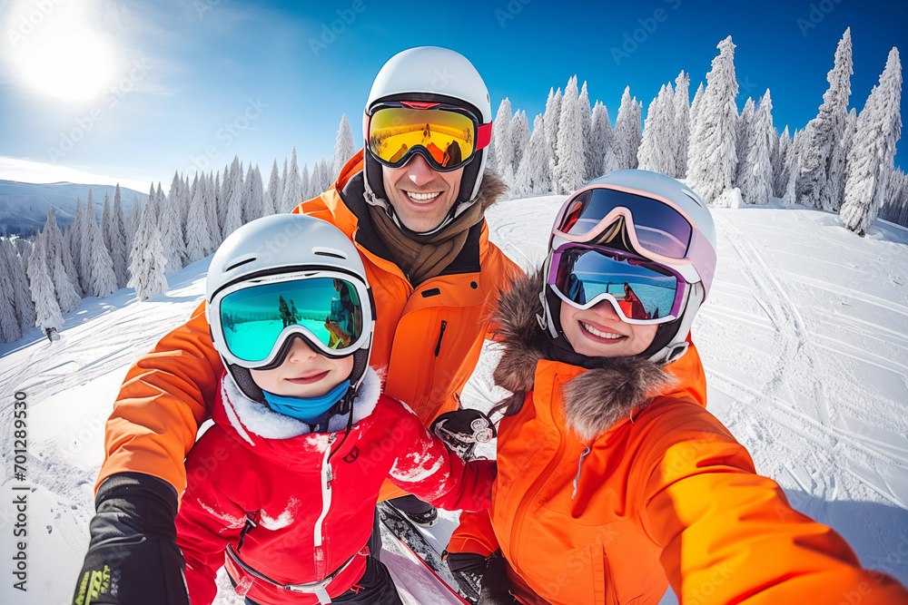 Family documents winter adventure with cheerful selfie. Parents and child smile sincerely for photo with snow-covered trees in background