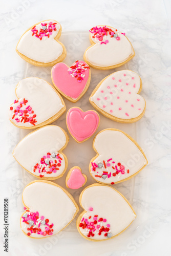 Heart-shaped sugar cookies with royal icing