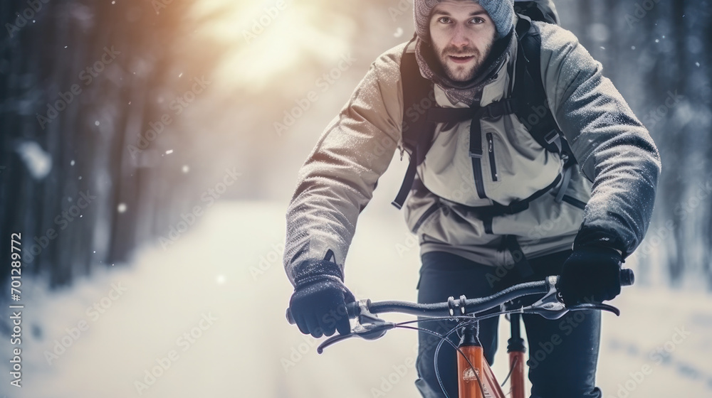 Midsection of mountain biker riding in snow outdoors in winter. Midsection of mountain biker riding in snow outdoors in winter.