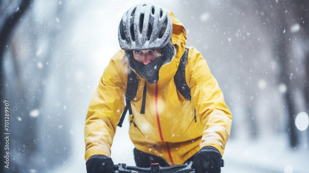 Midsection of mountain biker riding in snow outdoors in winter. Midsection of mountain biker riding in snow outdoors in winter.