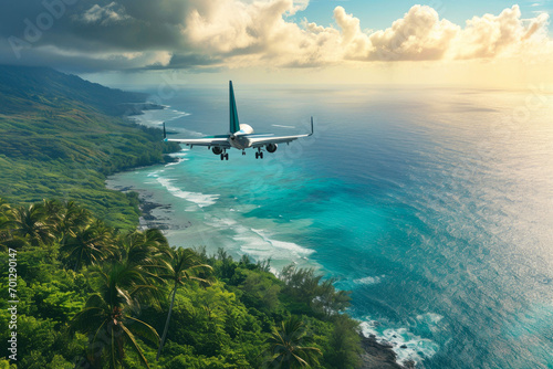 Island Escape: Airplane Gliding Over Tropical Wonders