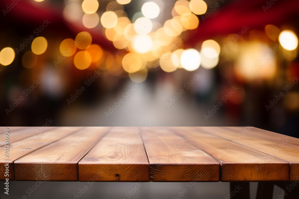 empty wooden table with blur market