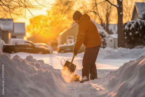 Man uses shovel at winter sunset for removing snow from road. Young man eliminates consequences of night severe snowfall early in morning photo