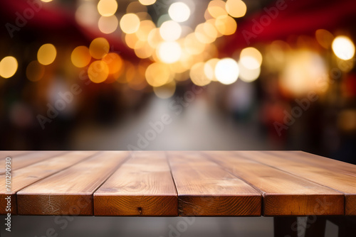 empty wooden table with blur market