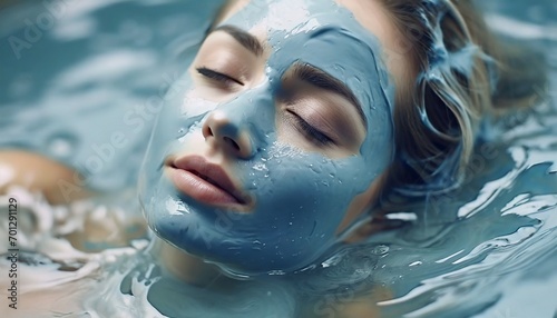 Woman having a Mud Bath with Facial Mask in Wellness Resort or Spa - Relaxation, Skin Care and Mental Recovery  photo