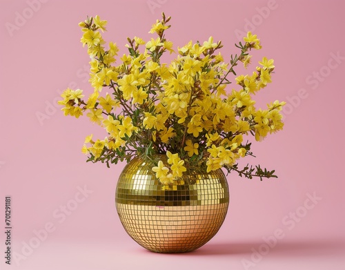 yellow spring flowers in a golden disco ball against pink background. Generative AI
