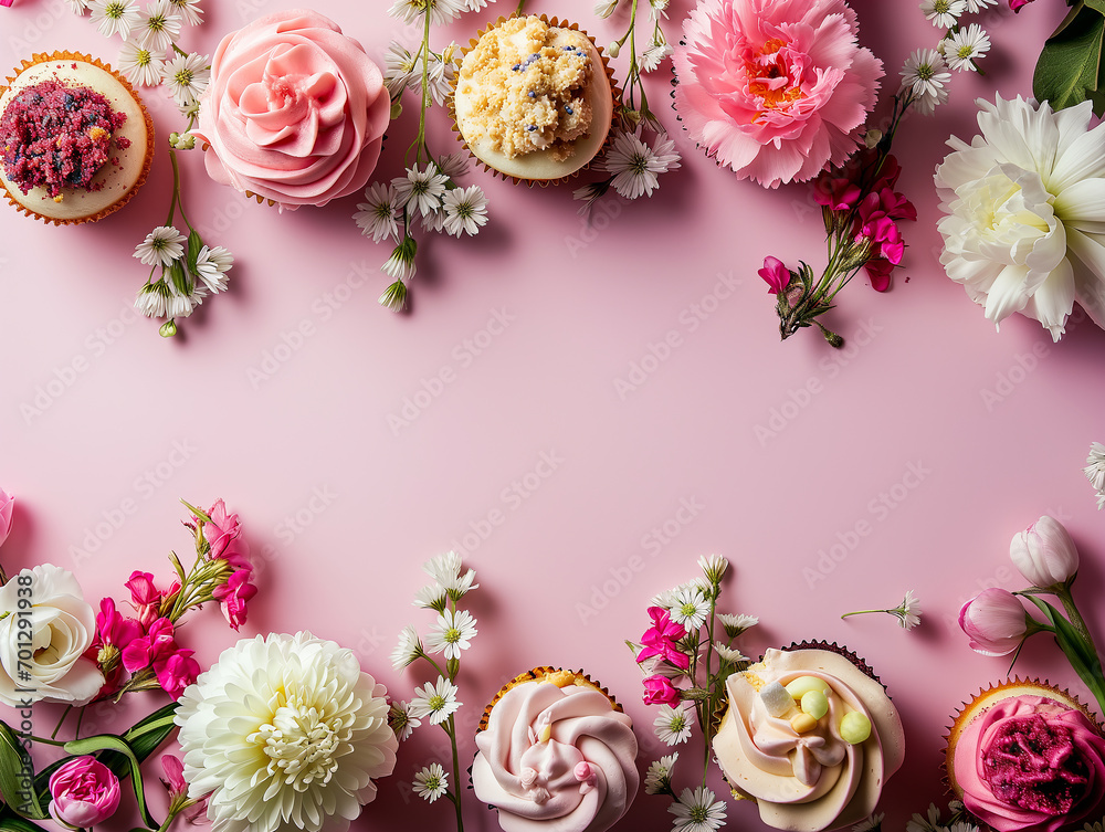 Copy space with pastel pink background and spring flowers and cupcakes, for Mother's day or spring or announcements card making or invitation Copy space with pastel pink background and spring flowers and cupcakes, for Mother's day or spring or announcements card making or invitation