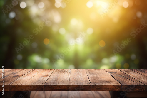 empty wooden table with blur tree