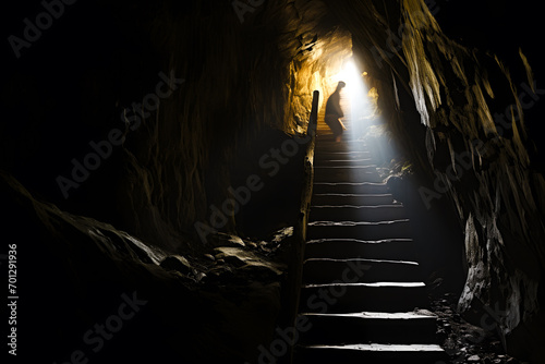 Silhouette dans un escalier remontant d'un cave creusée dans la roche photo