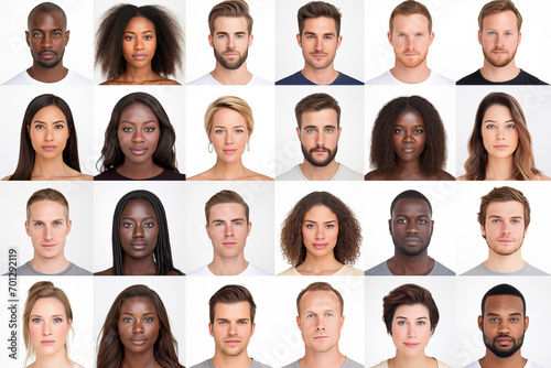 Global People diversity Collage Portraits, Each person close up shot in a flat squares background, portraits of multicultural people, Collage Showcasing the Many Faces and Stories of Males and Females