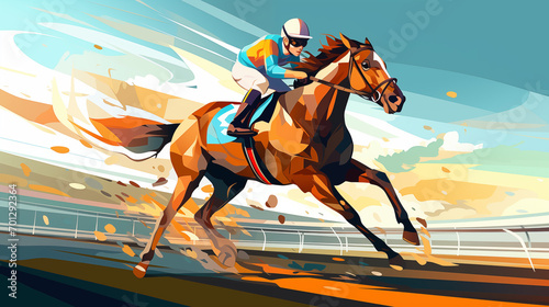 Vector Of Jockey On Horse, Champion Horse Is Doing Exercise, Jockey on racing horse. Sport. Champion. Hippodrome. Racetrack. Equestrian. Derby. Speed. Generative Ai.   © Jaunali