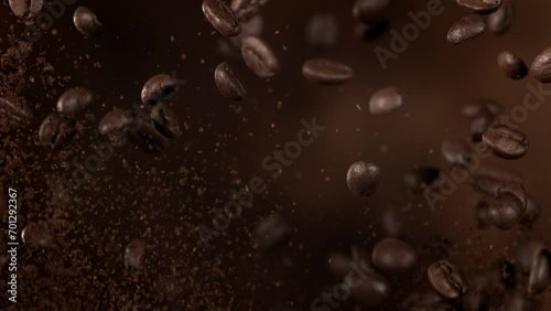 Super Slow Motion Shot of Flying Premium Coffee Beans and Ground Coffee at 1000fps. photo