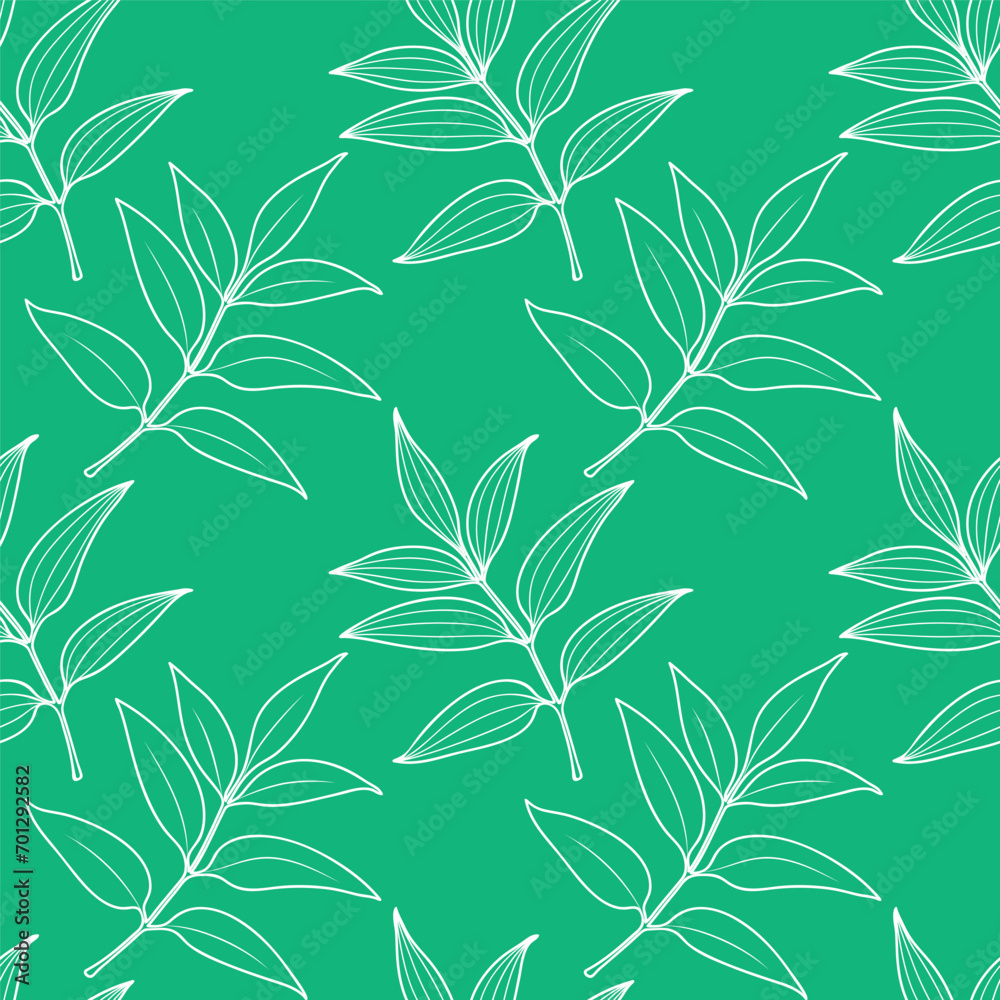 Vector spring seamless pattern with leaf outlines.