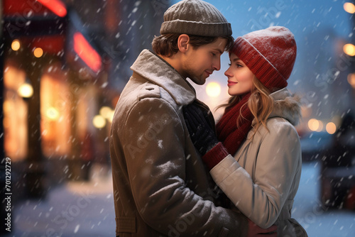 Couple shares tender embrace enjoying winter magic. Couple stands united in affectionate embrace creating romantic ambience in snowy city