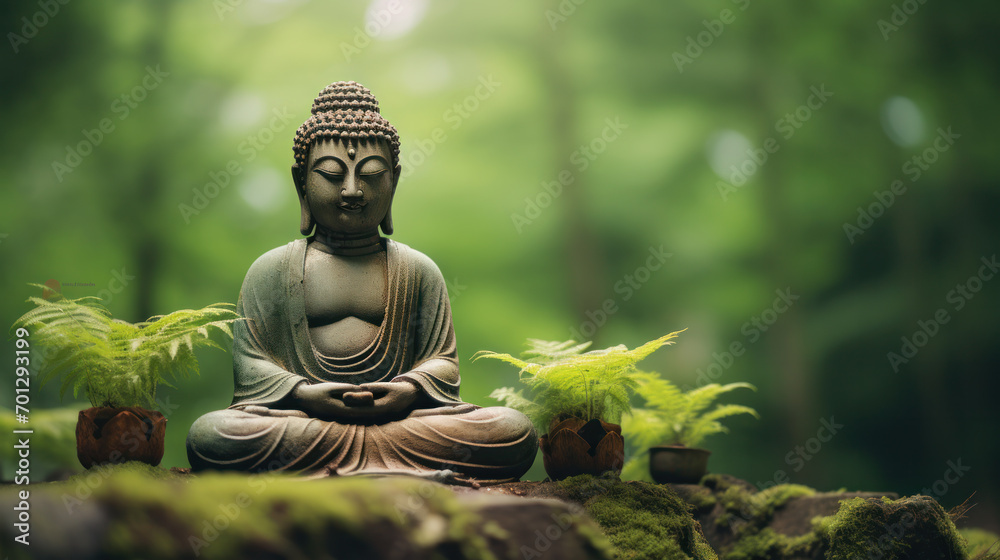buddha statue on a rock in a blurred green bamboo jungle, fresh natural spa wallpaper concept with asian spirit and copy space buddha statue on a rock in a blurred green bamboo jungle, fresh natural spa wallpaper concept with asian spirit and copy space