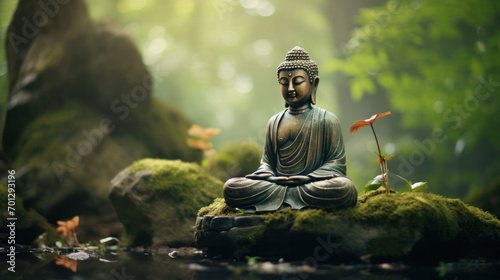 buddha statue on a rock in a blurred green bamboo jungle, fresh natural spa wallpaper concept with asian spirit and copy space photo