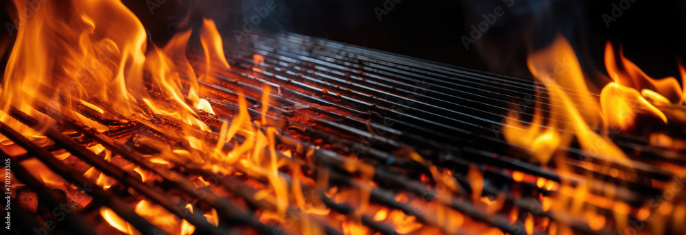 Empty flaming grill grates with open fire, ready for product placement. Background for grilled food with fire. - obrazy, fototapety, plakaty 
