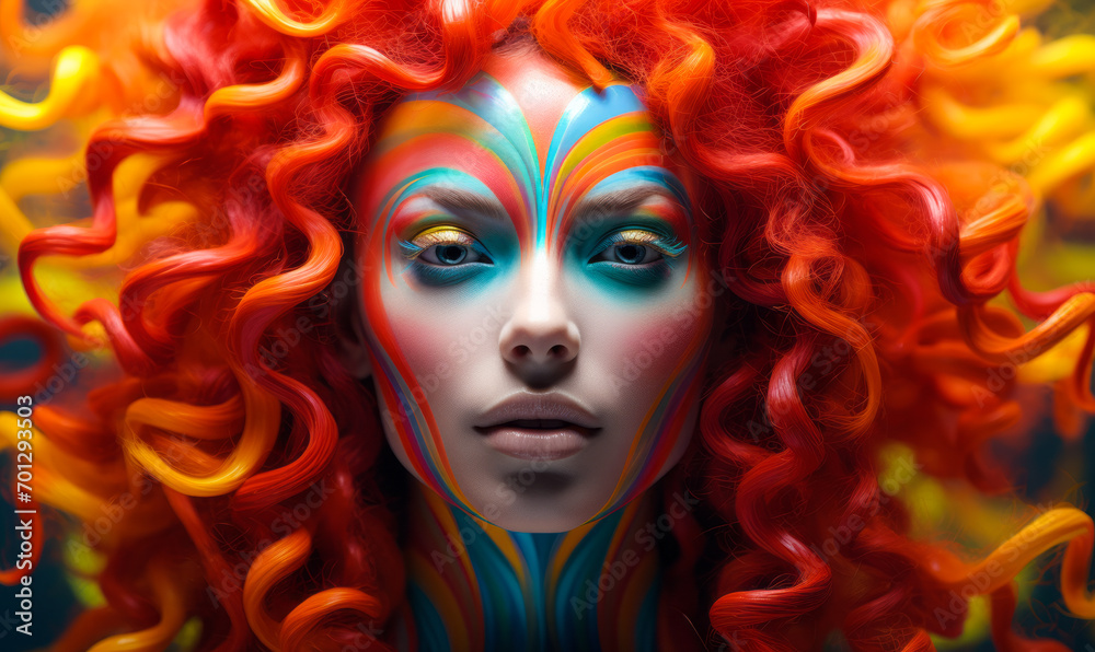 Vibrant fantasy portrait of a woman with fiery red curls and exotic face paint in a spectrum of rainbow colors, embodying a mythical, fiery spirit