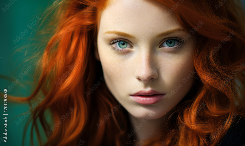 Vivid red-haired young woman with intense green eyes and porcelain skin, highlighted by contrasting blue backdrop
