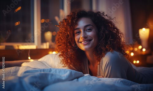 Joyful young woman with curly hair smiling in a cozy bed, bedroom lights creating a warm, magical atmosphere around her