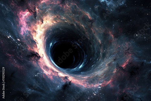 Cosmic mystery : the depths of a black hole in space, an enigmatic gravitational singularity shaping the fabric of the universe, a celestial journey into the heart of darkness