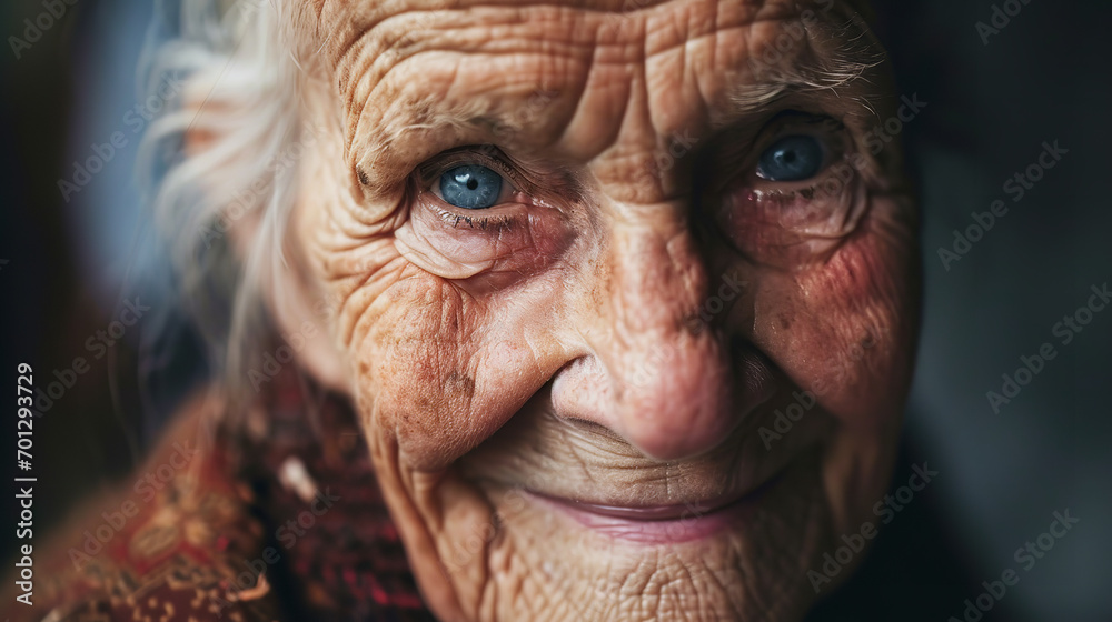 Close portrait of a very elderly woman smiling looking at the camera Close portrait of a very elderly woman smiling looking at the camera