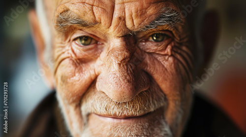Close portrait of a very elderly man smiling looking at the camera, photo, white light background