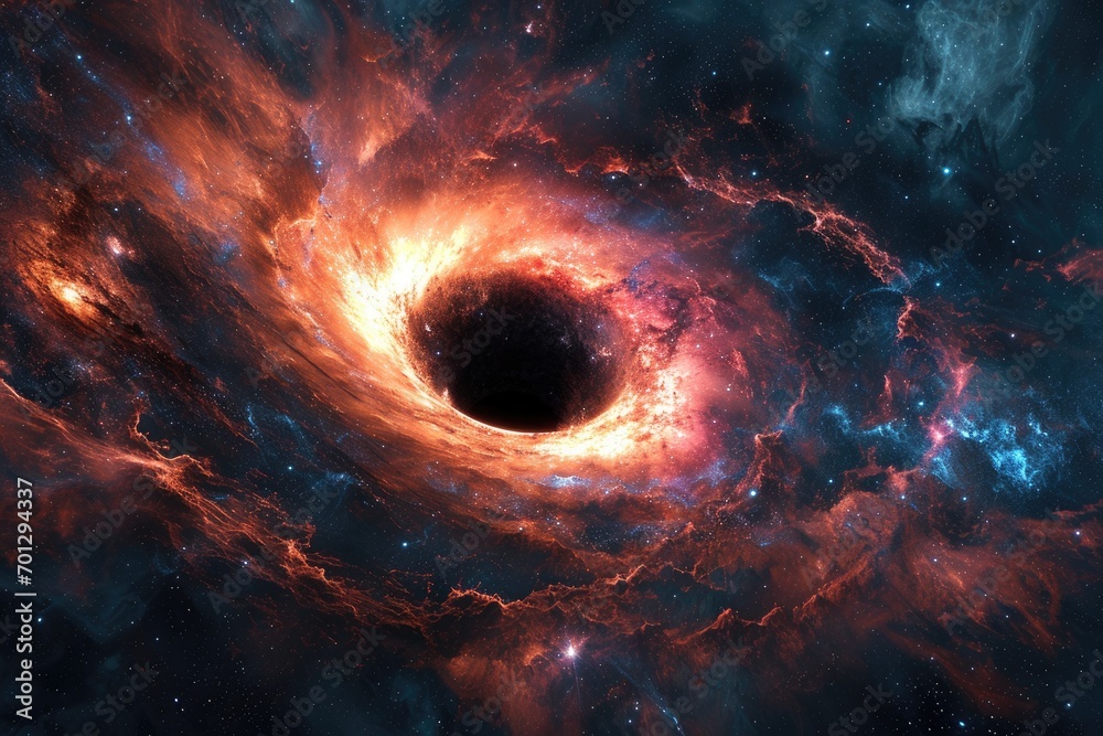 Cosmic mystery : the depths of a black hole in space, an enigmatic gravitational singularity shaping the fabric of the universe, a celestial journey into the heart of darkness - obrazy, fototapety, plakaty 