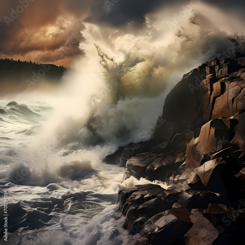 Waves crashing on a rocky shoreline during a storm.
