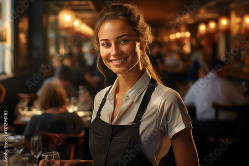 Smiling women waiter at work in a restaurant. Catering professions. Looking for a waiter in a restaurant. Seasonal server. AI. Work. Working. photo
