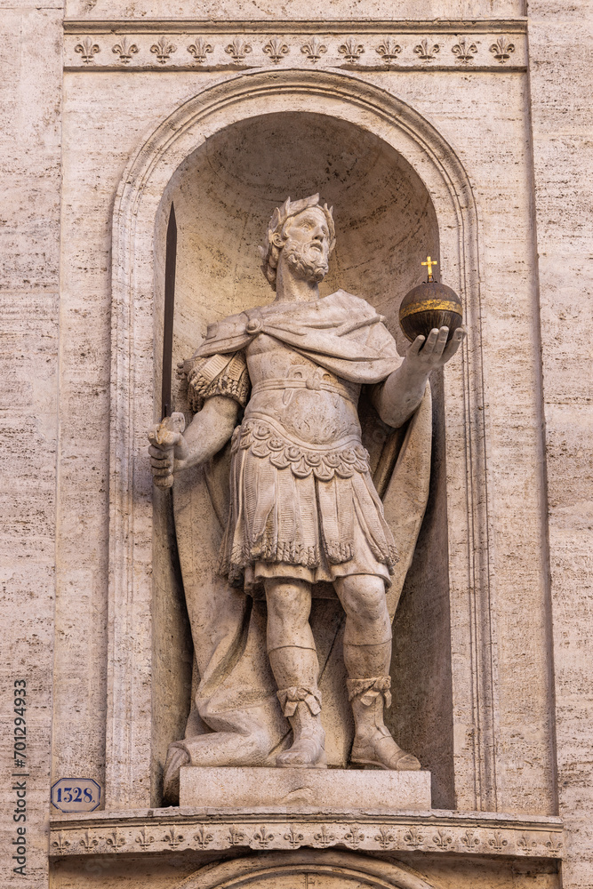 Statue of Carlo Magno on the facade of the church of Saint Louis of France in Rome, Italy