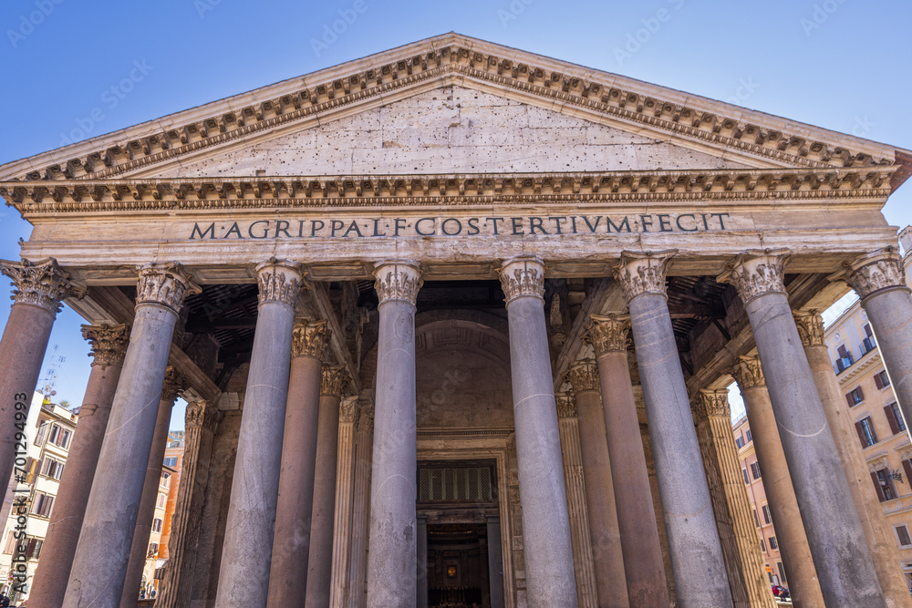 Facade of the Pantheon temple in Rome, Italy