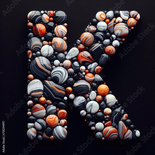Letter K shape made of marble pebbles. AI generated illustration