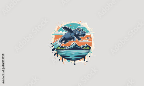flying hippo on mountain vector artwork design