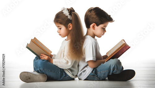 A young boy and a girl sitting back to back reading books in the library on a white background. Reading exercises the Brain provides free entertainment and Improves Concentration.
