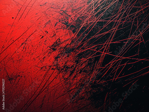 A striking red and black abstract background with intense scratches and grunge textures.
