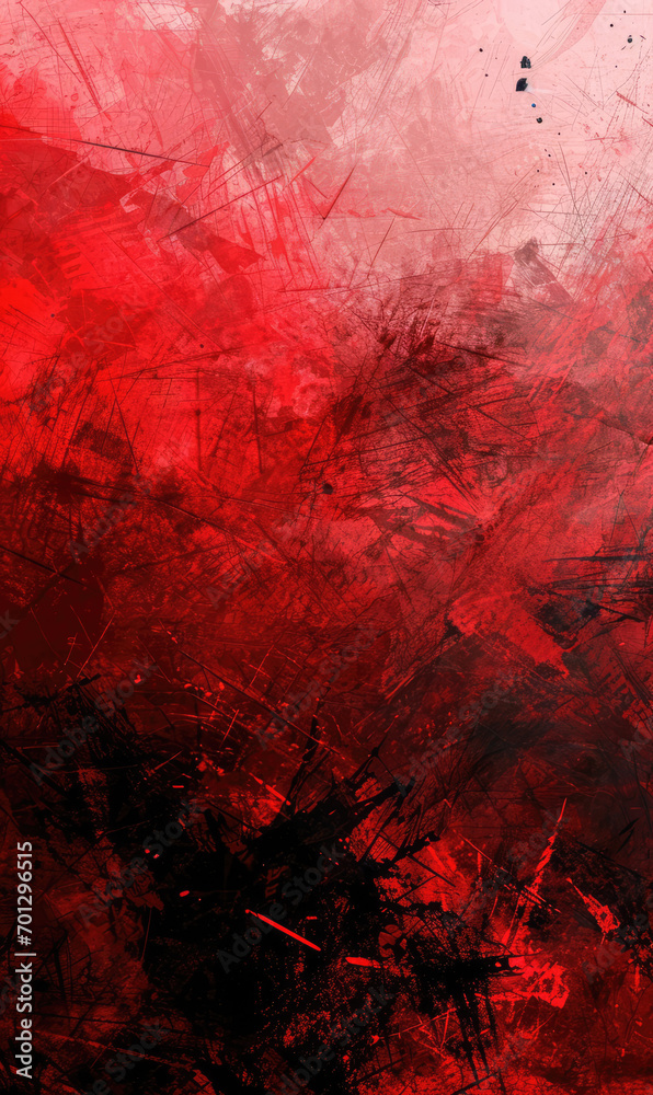 A striking red and black abstract background with intense scratches and grunge textures.