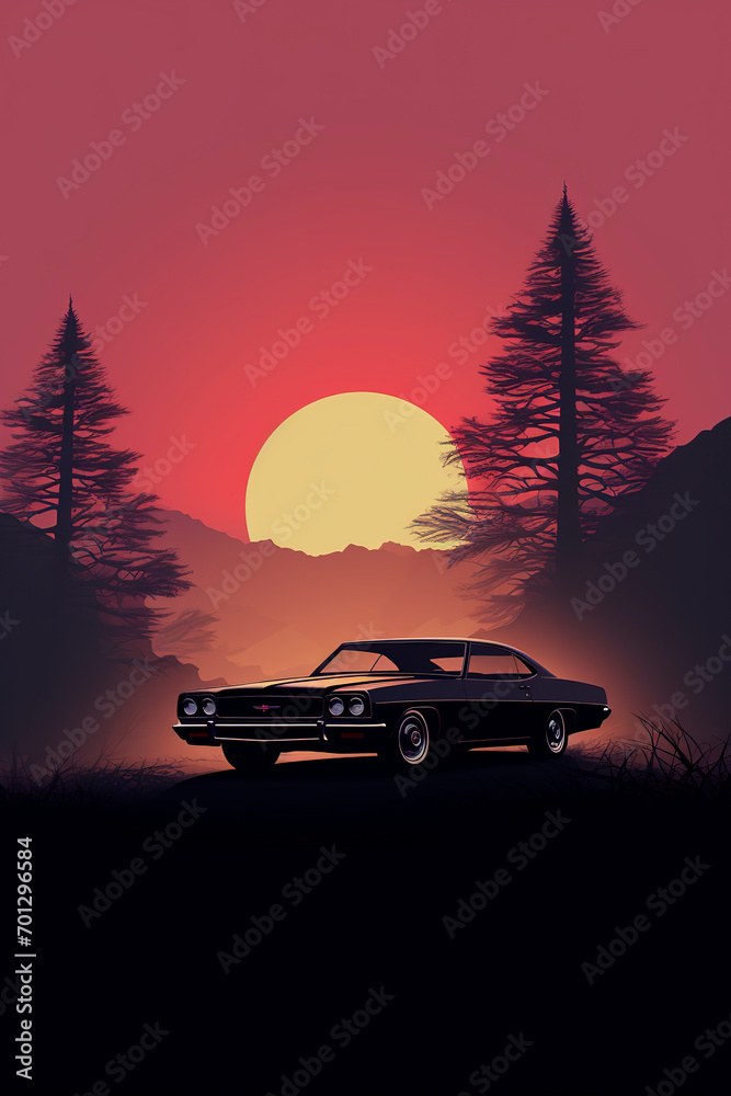 A car at a pink sunset drives past the trees. Generative AI