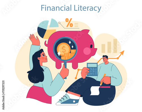 Empowering Financial Literacy concept. Young woman analyzing piggy bank with magnifying glass, man with calculator signifies budgeting. Pie charts and growth graphs highlight financial growth.