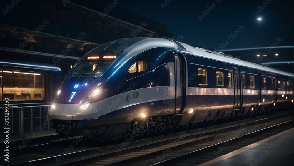 Naklejka premium Nighttime Express Train Departure: Futuristic train under starry sky. Warm interior lights, city lights in the distance. Adventure and nocturnal energy. generative AI