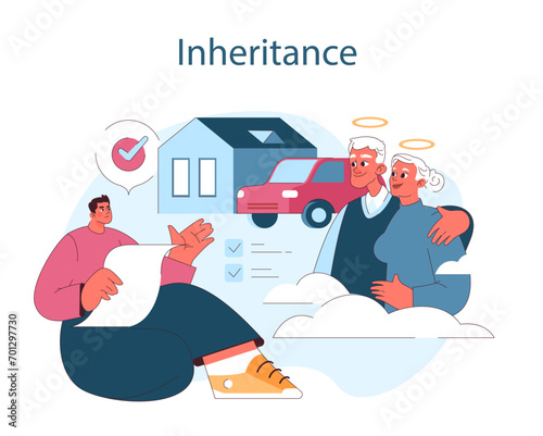 Inheritance. A man reviews estate documents with a visual metaphor of a serene elderly couple and their assets in the clouds, symbolizing legacy planning. Flat vector illustration