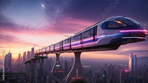 Twilight Monorail in a Futuristic Megacity: Silhouetted skyscrapers against colorful sky. Effortless glide through elevated tracks. Grandeur of a bustling sci-fi metropolis. generative AI © Bright