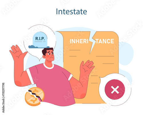 Inheritance. Man uncertain about an intestate estate with broken coin, indicating the complexities and consequences of dying without a will. Flat vector illustration