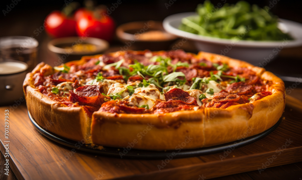 Deep-dish Chicago style pizza on a wooden table with melted cheese and pepperoni, inviting and perfect for food enthusiasts Deep-dish Chicago style pizza on a wooden table with melted cheese and pepperoni, inviting and perfect for food enthusiasts