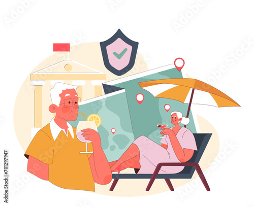 Retirement concept. Elderly couple enjoys a serene vacation, symbolizing the relaxing days of retirement. Sipping cocktails under the sun with a secure bank in the background. Flat vector.