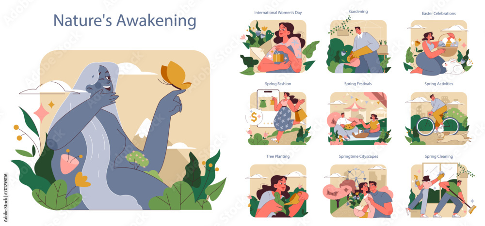 Nature's Awakening set. The rebirth of flora and fauna with the onset of spring. Celebrations, fashion, gardening, and cleaning. Nature's Awakening set. The rebirth of flora and fauna with the onset of spring. Celebrations, fashion, gardening, and cleaning.