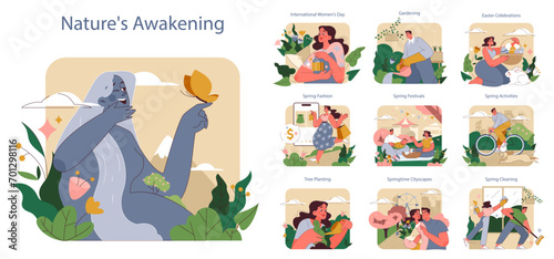 Nature's Awakening set. The rebirth of flora and fauna with the onset of spring. Celebrations, fashion, gardening, and cleaning.