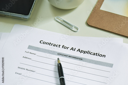 Contract for AI application form with pen. Selective focus. Artificial intelligence based contract management concept.