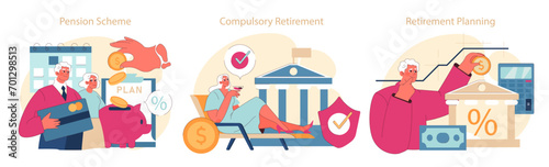 Retirement Essentials set. Depicting the journey of financial preparation from pension schemes to retirement planning.