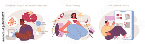Psychotherapy solutions set. Tackling obsessive-compulsive disorder, harnessing music for therapy, assessing with psychometric tests.